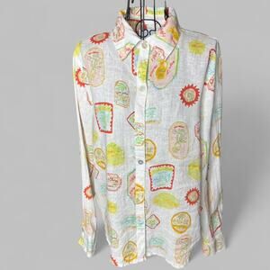 Cynthia Rowley Women’s Large 100% Linen Button Up Mediterranean Olive Oil Print